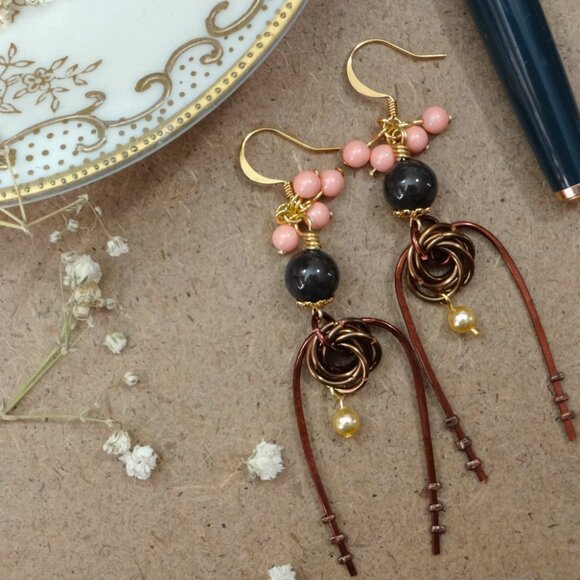 Copper and Gold Fantasy Folk Dangle Earring - Picture 5 of 5